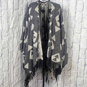 CRISTINA CHITI MADE IN ITALY Gray Aztec Fringed‎ Blanket Poncho Wrap OS